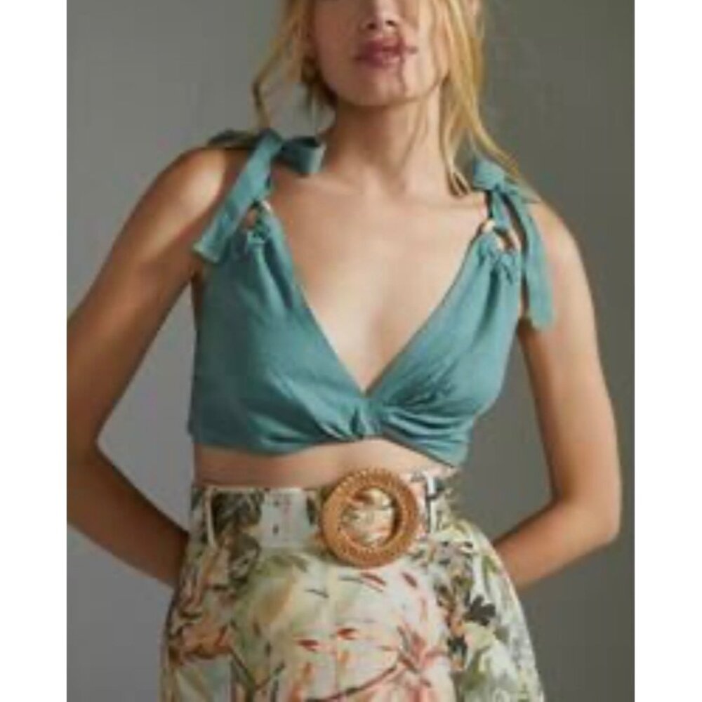 Anthropologie Linen Blend Crop Tank Top Twist V Plunged  Shoulder Straps Lig